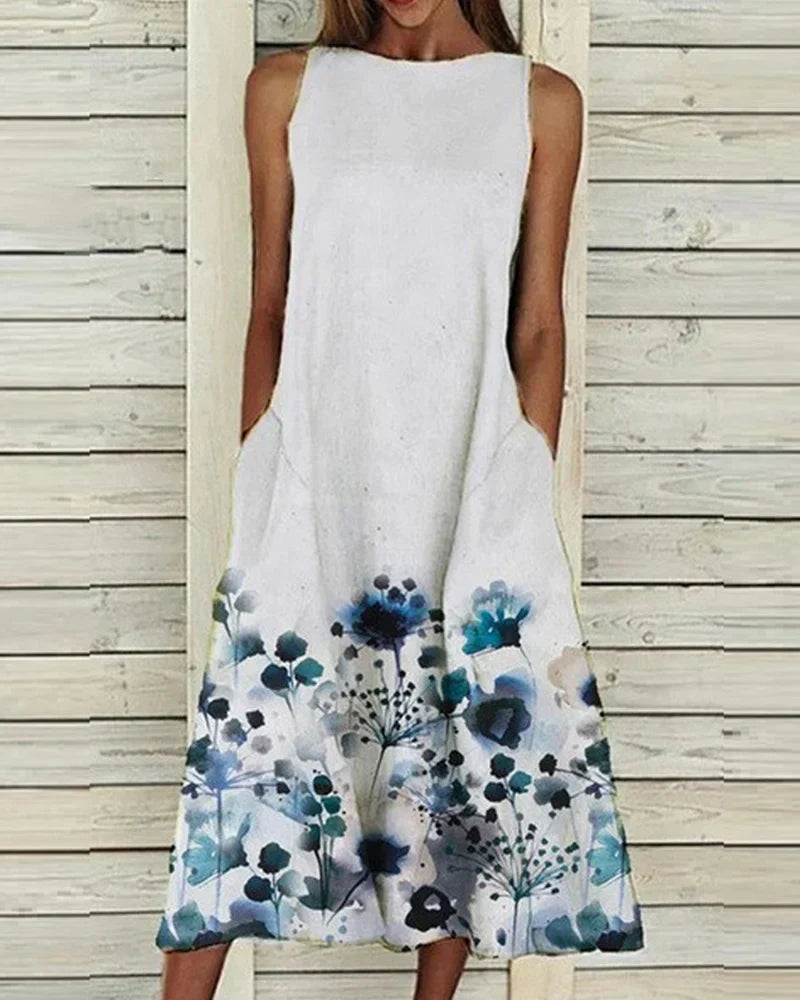 Women's Sleeveless A Line Summer Dress with Boat Neckline | Midi