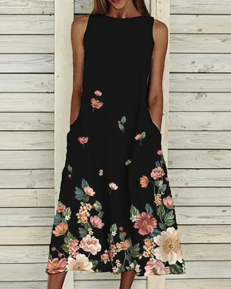 Women's Sleeveless A Line Summer Dress with Boat Neckline | Midi