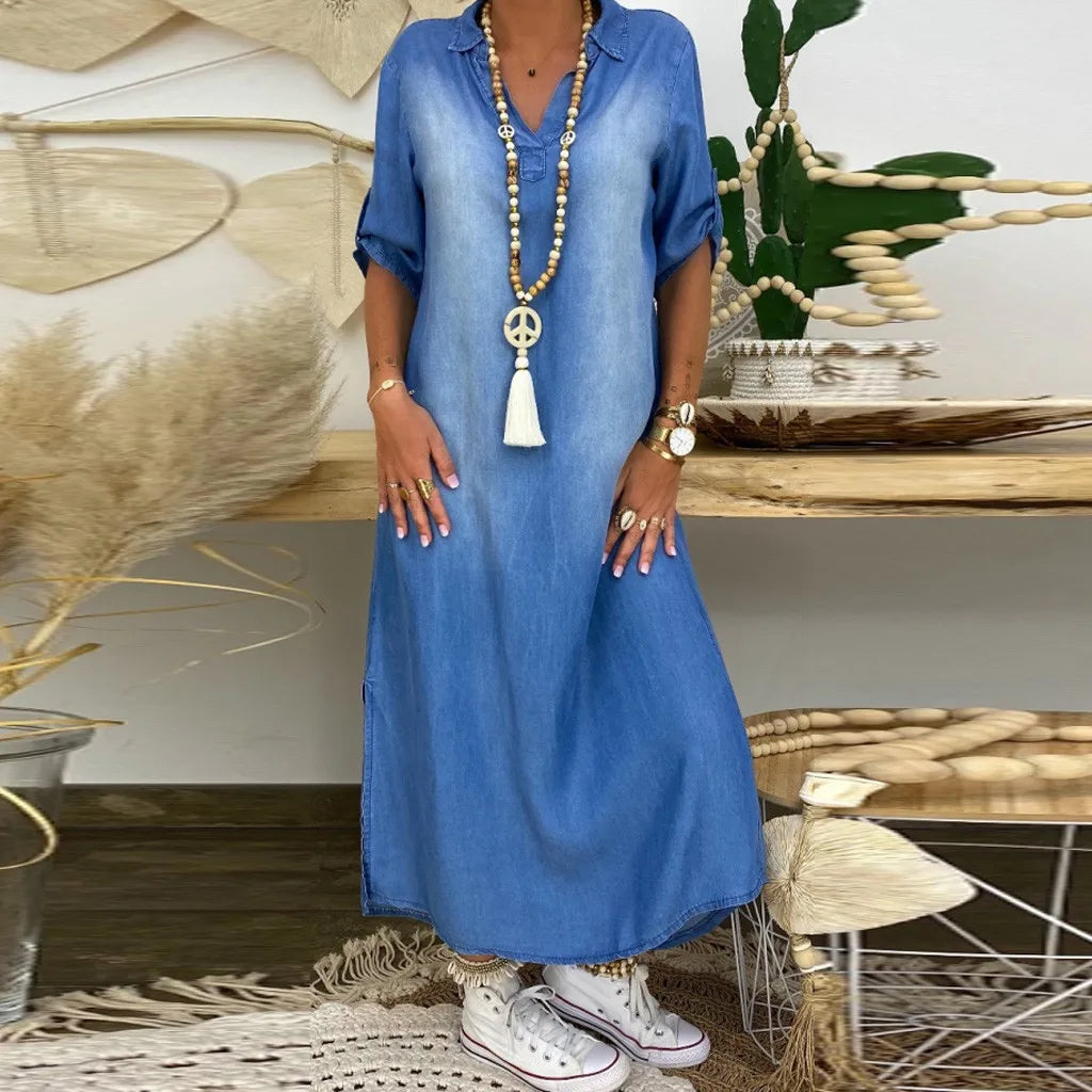 Lea | Long denim-look dress with side slit