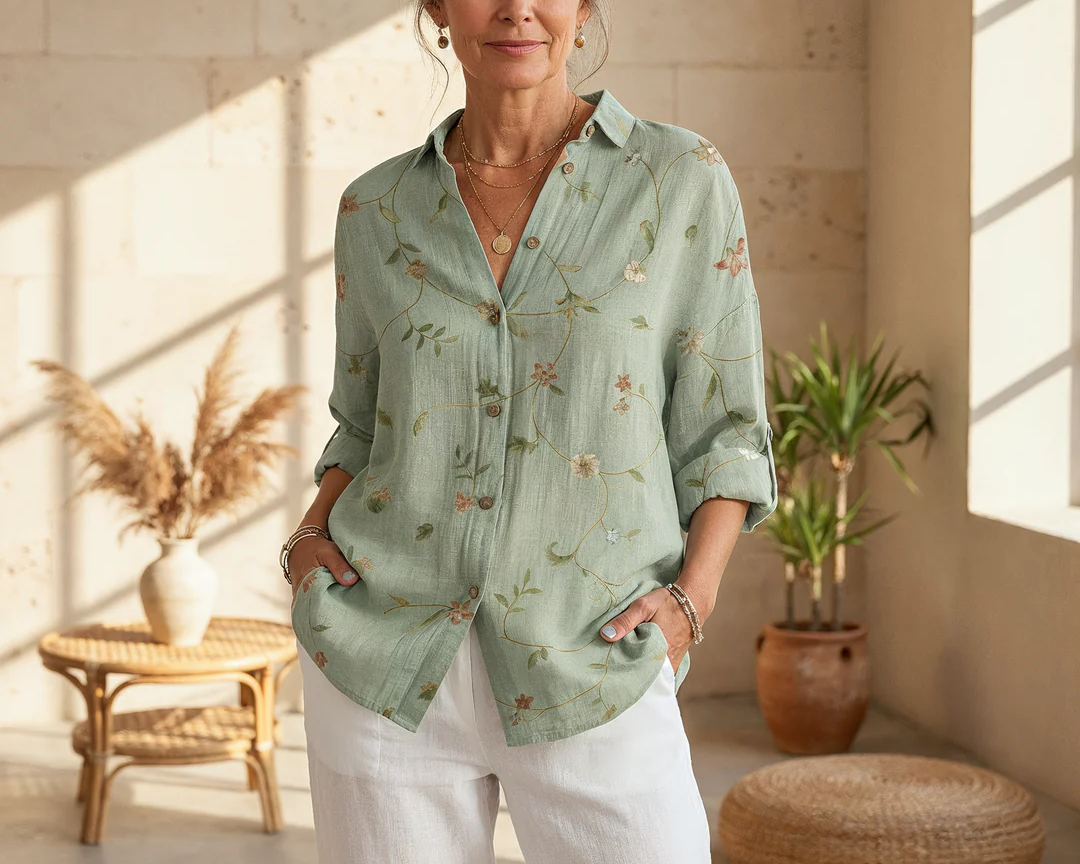 Women's V-neck Button-down Shirt | Long Sleeved