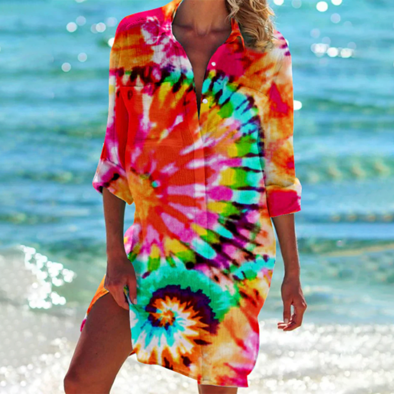 Women's Long Sleeve Collared Beach Shirt Dress | Mini