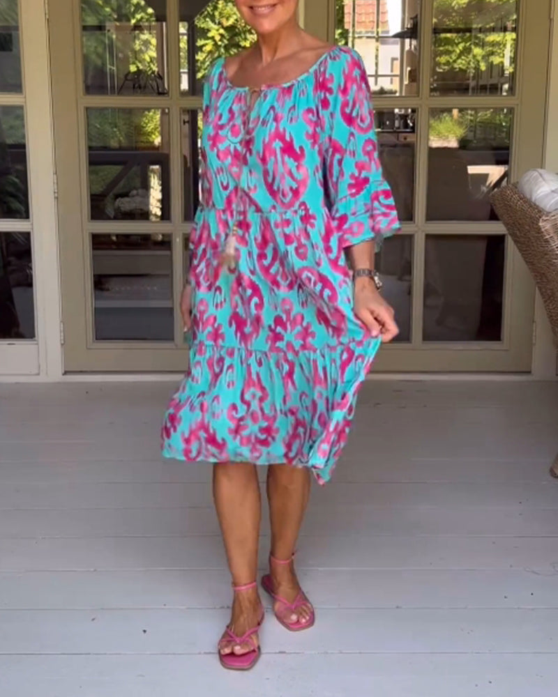 Red Dress With Print And Three-Quarter Sleeves