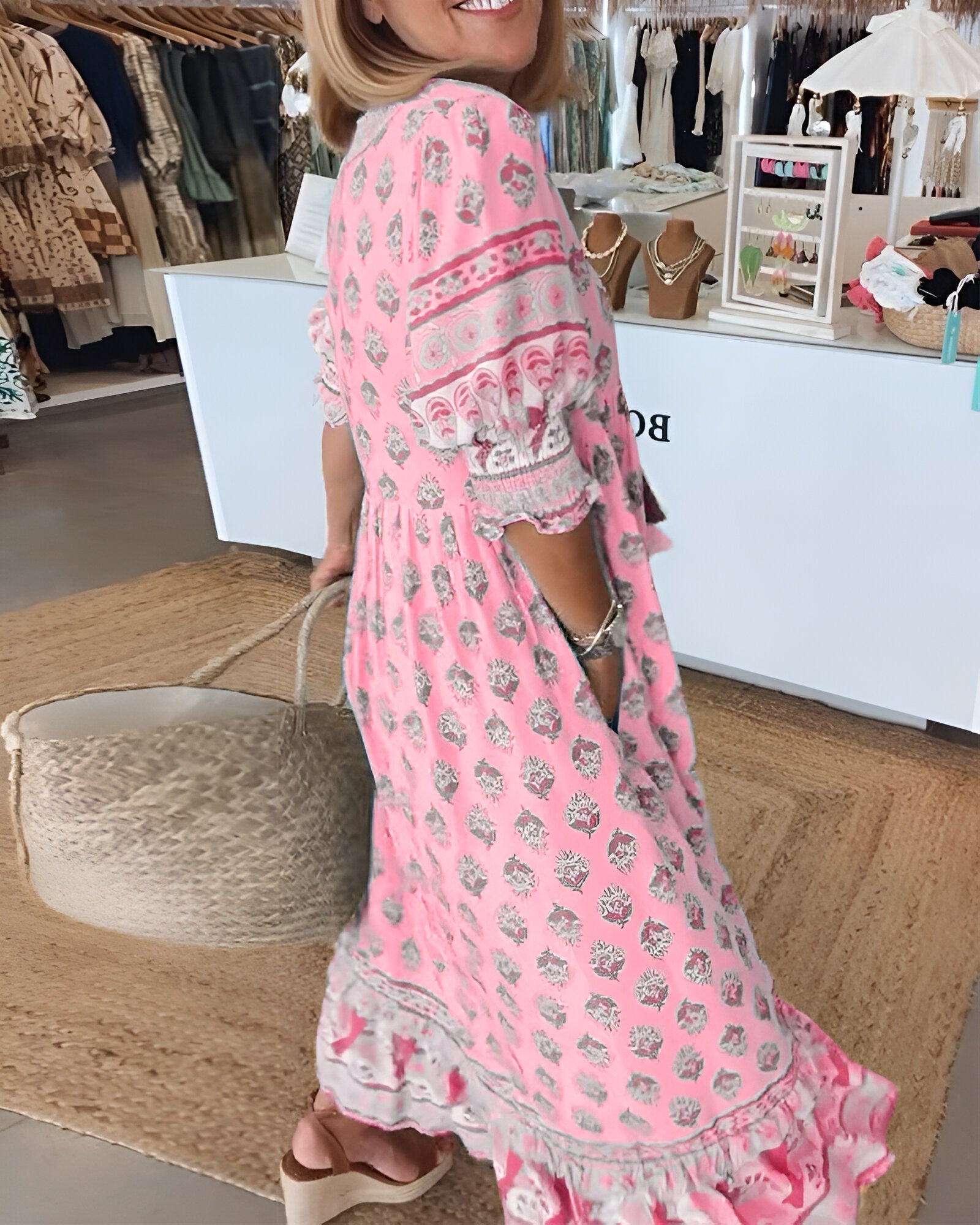 Women's V Neck 3/4 Sleeves Boho Style Dress | Maxi