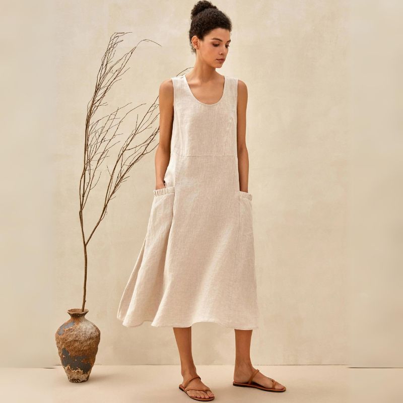 Women's Round Neck Sleeveless Summer Midi Dress | With Pockets