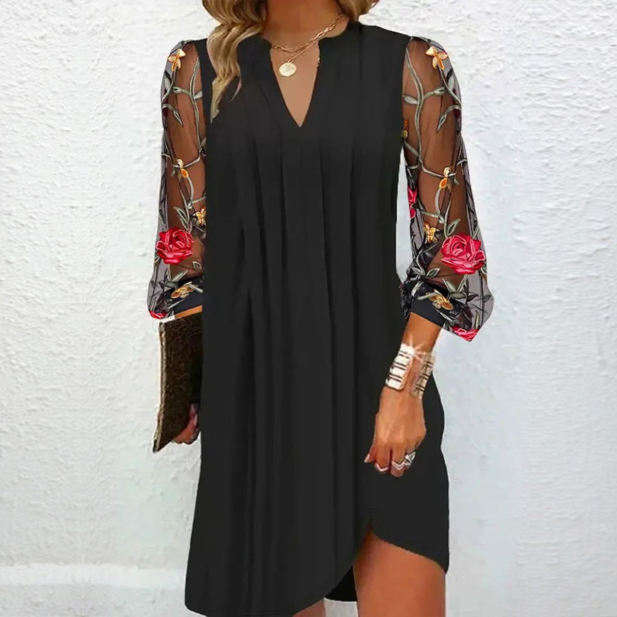 Women's Pleated V Neck Dress | Mini