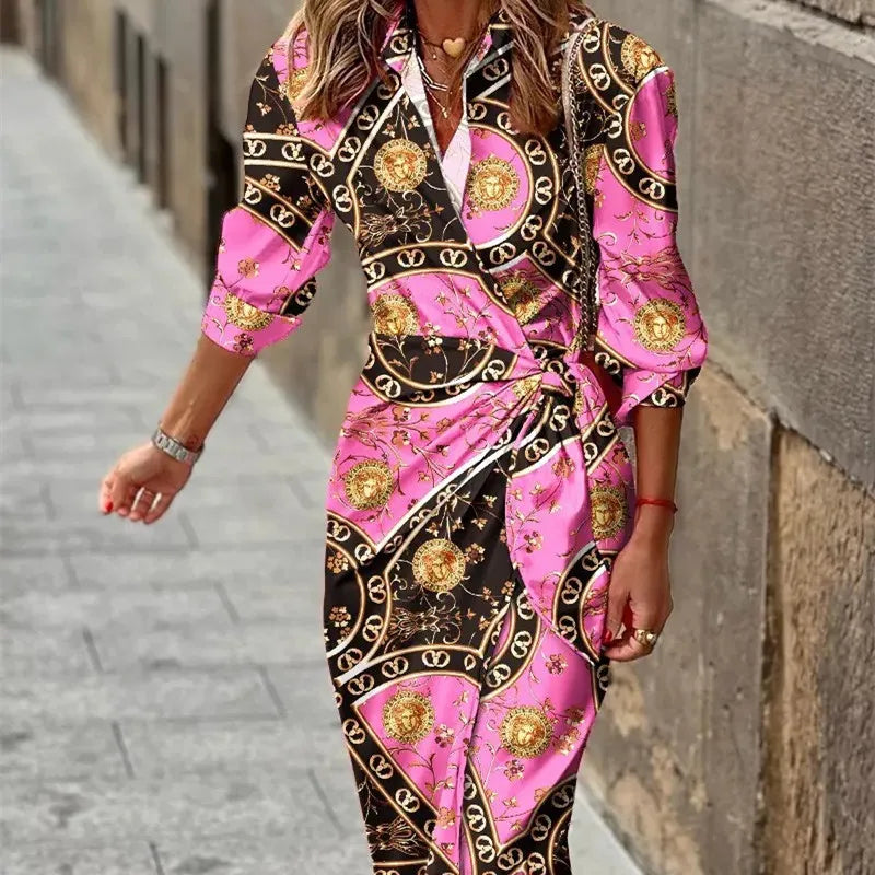 Women's Stylish 3/4 Sleeve V-Neck Wrap Dress | Midi