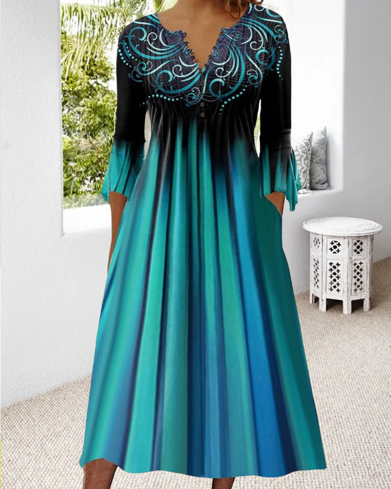 Women's Gradient Design Dress with Split Neckline & 3/4 Sleeves | Midi