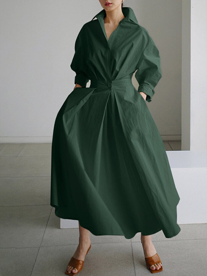 Women's Long Sleeve Formal Dress with Collar | Midi