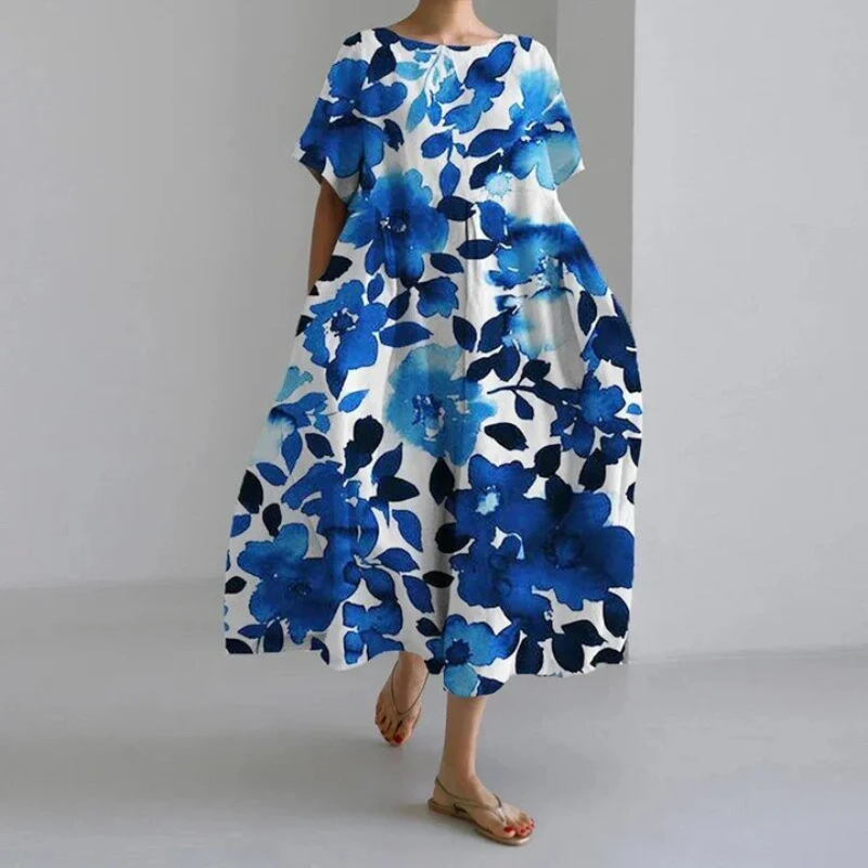 Women's Round Neck Short Sleeve Summer Floral Dress | Midi