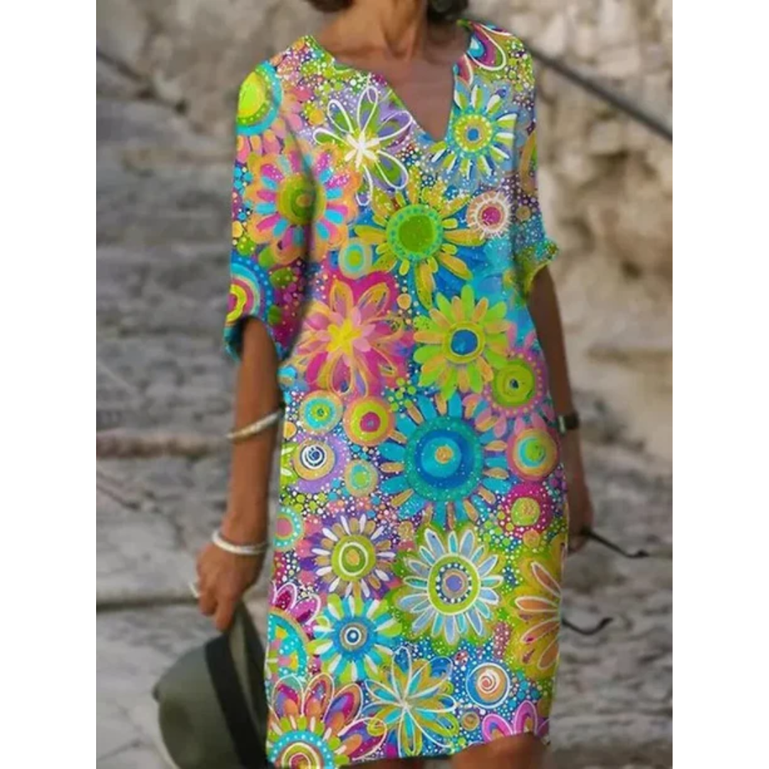Women's Summer V-Neck Half Sleeve Midi Dress | with Floral Print