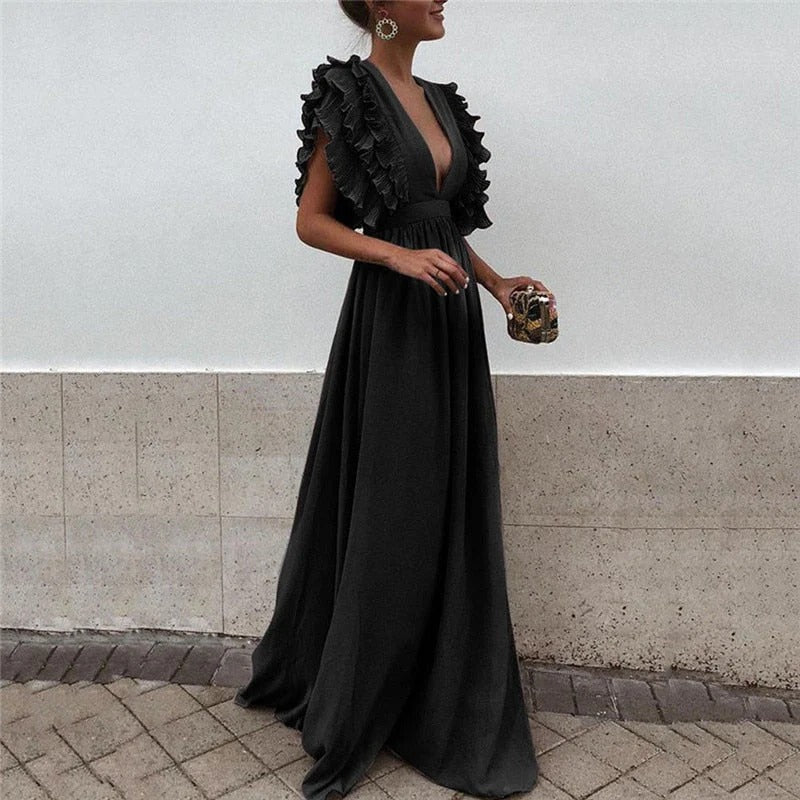 Women's Short Sleeve Wedding Guest Dress with Plunging Neckline | Maxi