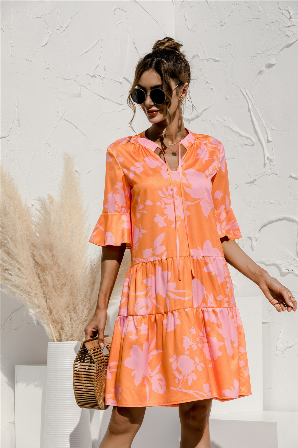 Women's 3/4 Sleeve Ruffle Mini Dress | V-Neck