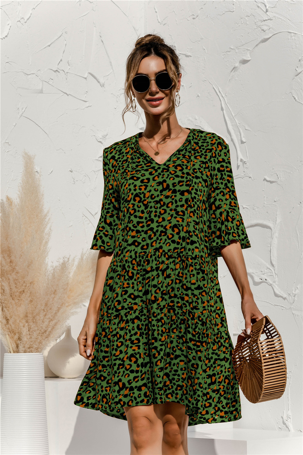 Women's 3/4 Sleeve Ruffle Mini Dress | V-Neck