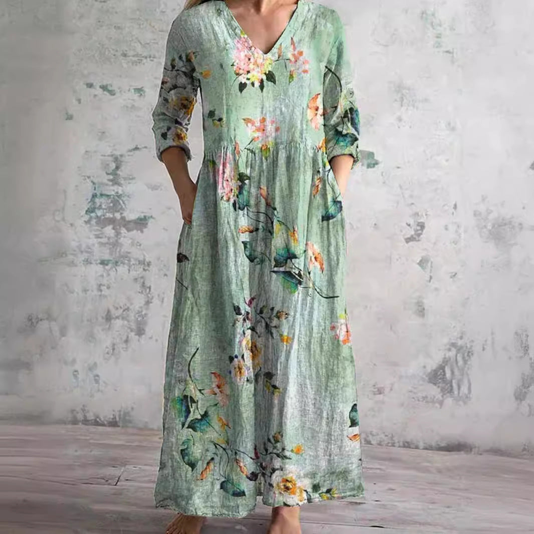 Women's V-Neck Floral Print Summer Dress | Midi