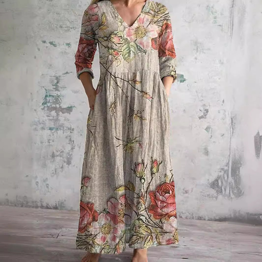 Women's V-Neck Floral Print Summer Dress | Midi