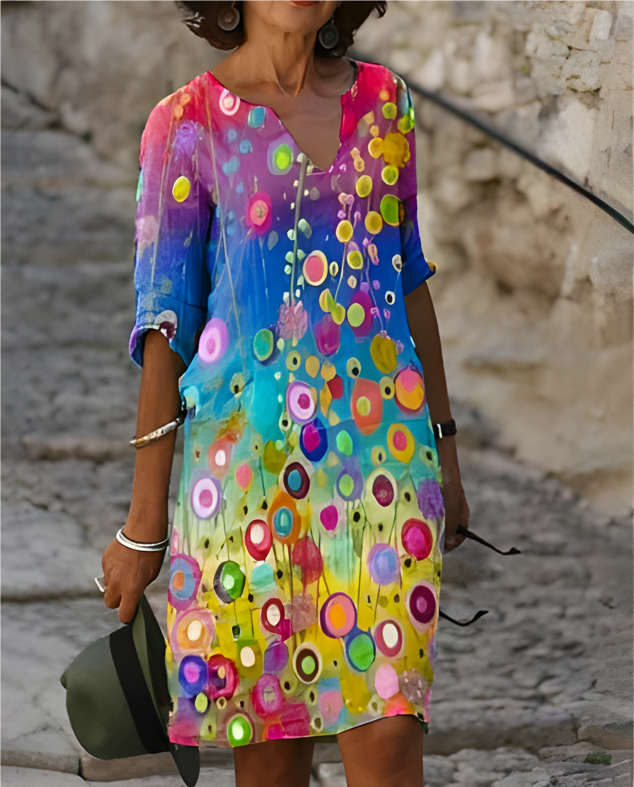 Women's Printed 3/4 Sleeve V-Neck Summer Dress | Mini