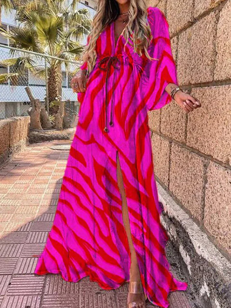 Women's Printed Wrap V Neck Dress | Maxi