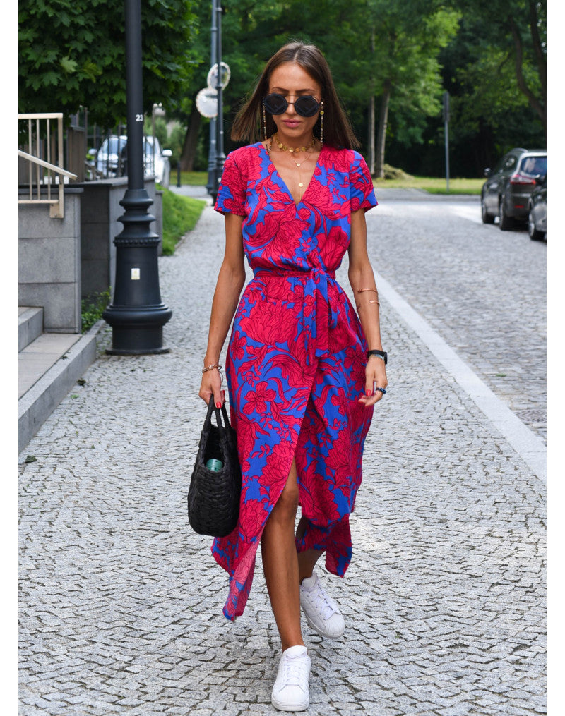 Women's Summer Vibrant Short Sleeve Wrap Maxi Dress | V-Neck