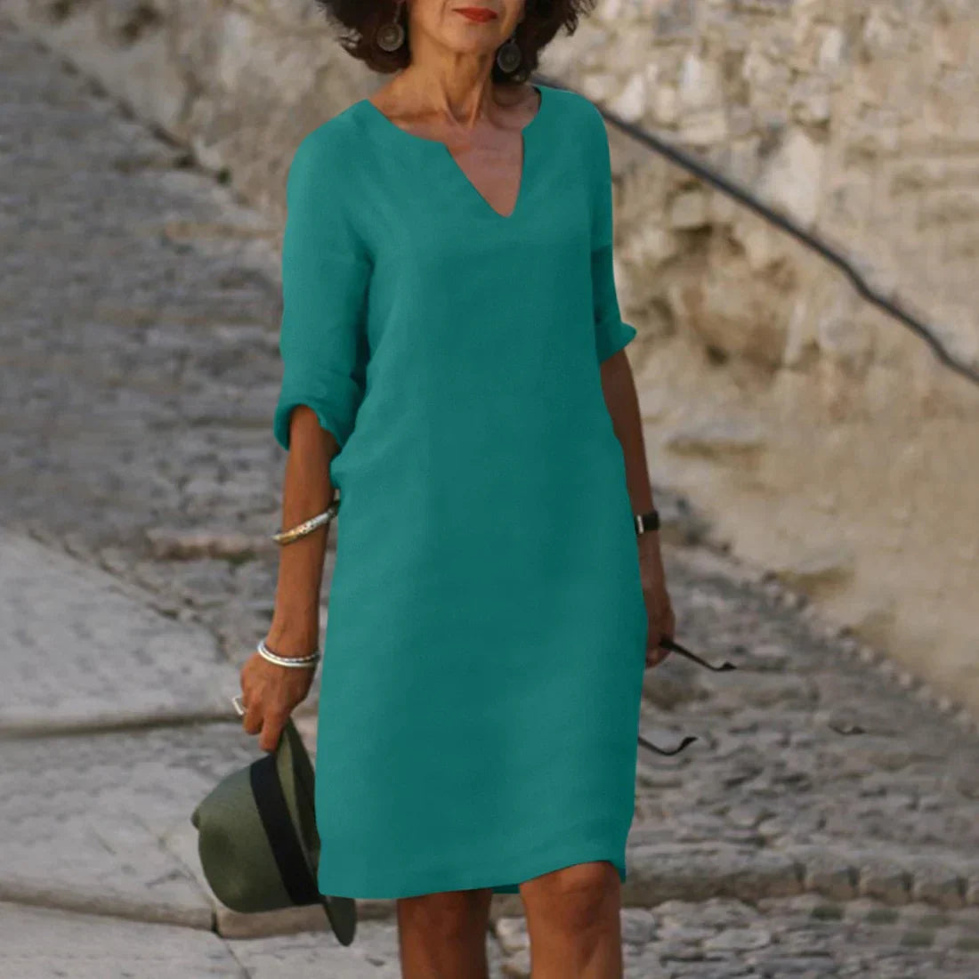 Women's V Neck Summer Dress with 3/4 Sleeves | Mini