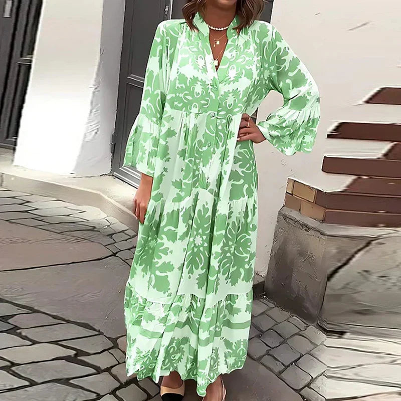 Women's Long Sleeves V-Neck Tiered Floral Dress | Maxi
