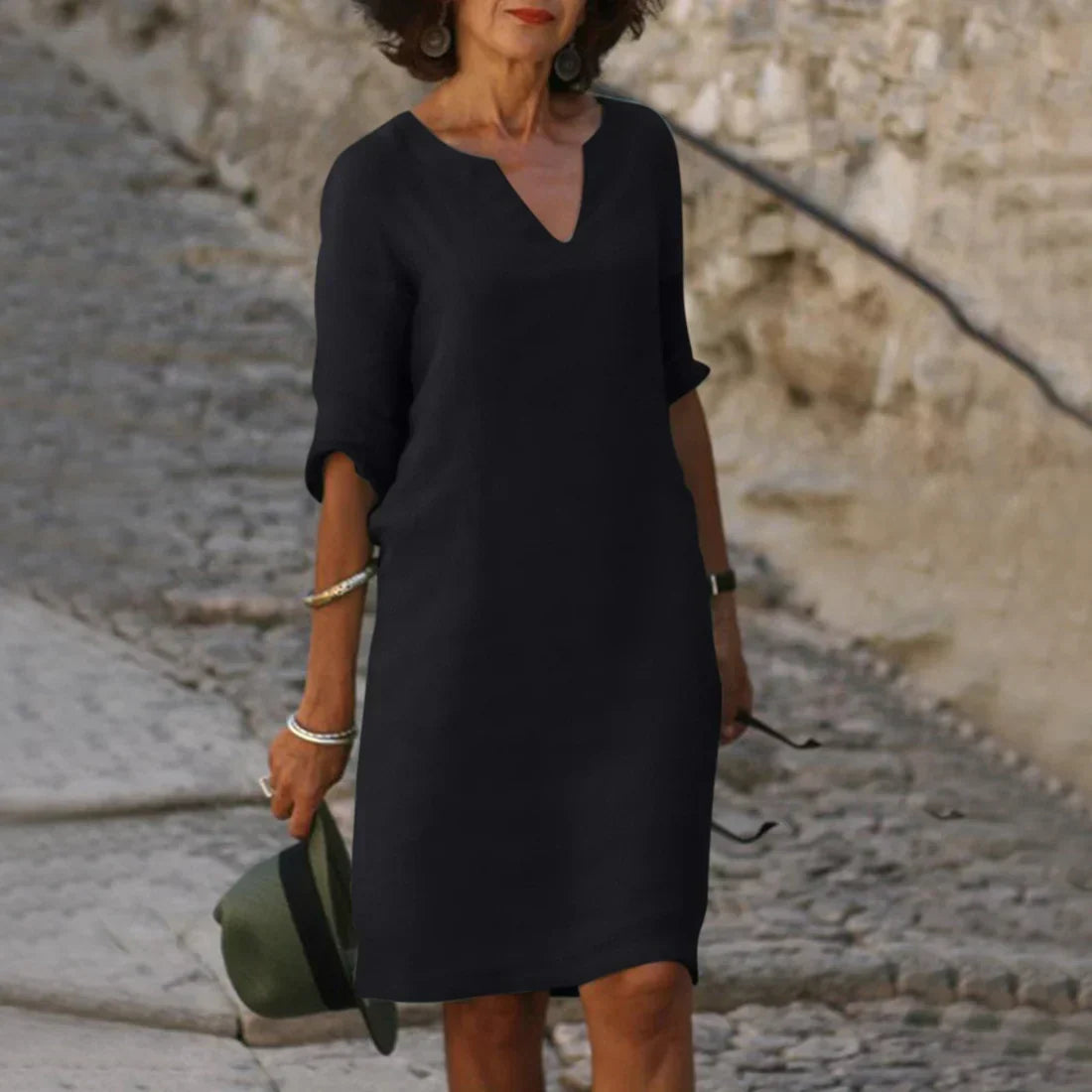 Women's V Neck Summer Dress with 3/4 Sleeves | Mini