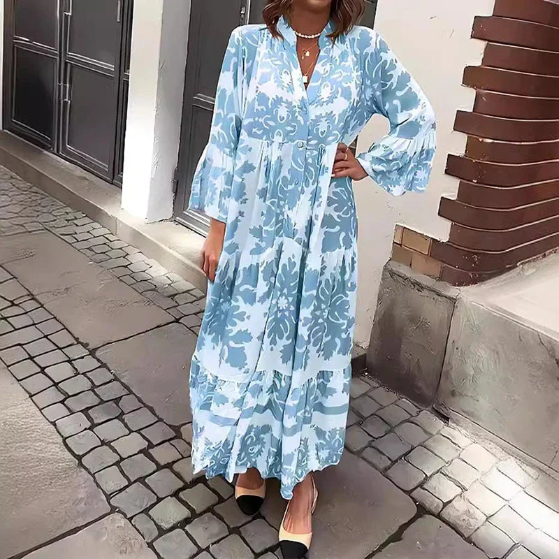 Women's Long Sleeves V-Neck Tiered Floral Dress | Maxi