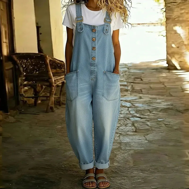 Vintage Soft Cotton Denim-Look Overalls with Adjustable straps