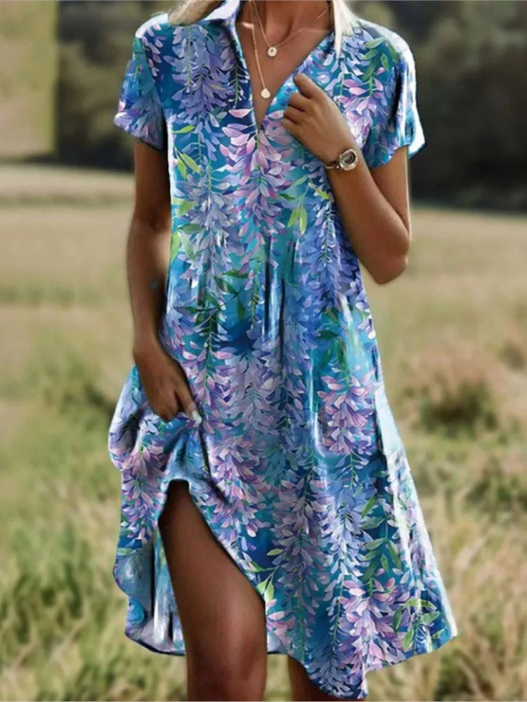 Carla™ | Stylish V-neck Buttoned Floral Dress