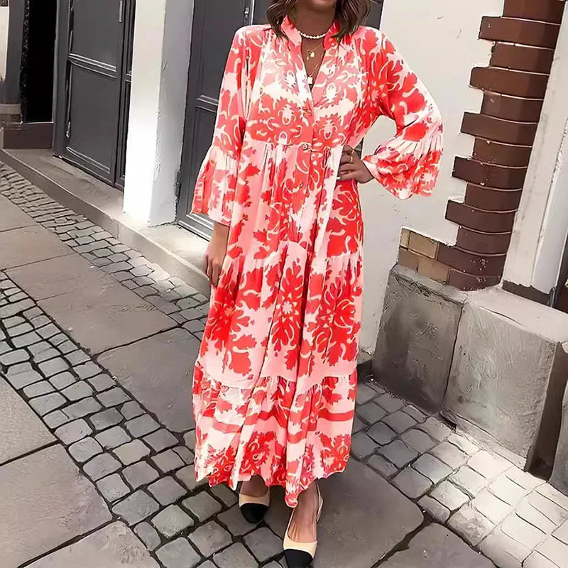 Women's Long Sleeves V-Neck Tiered Floral Dress | Maxi