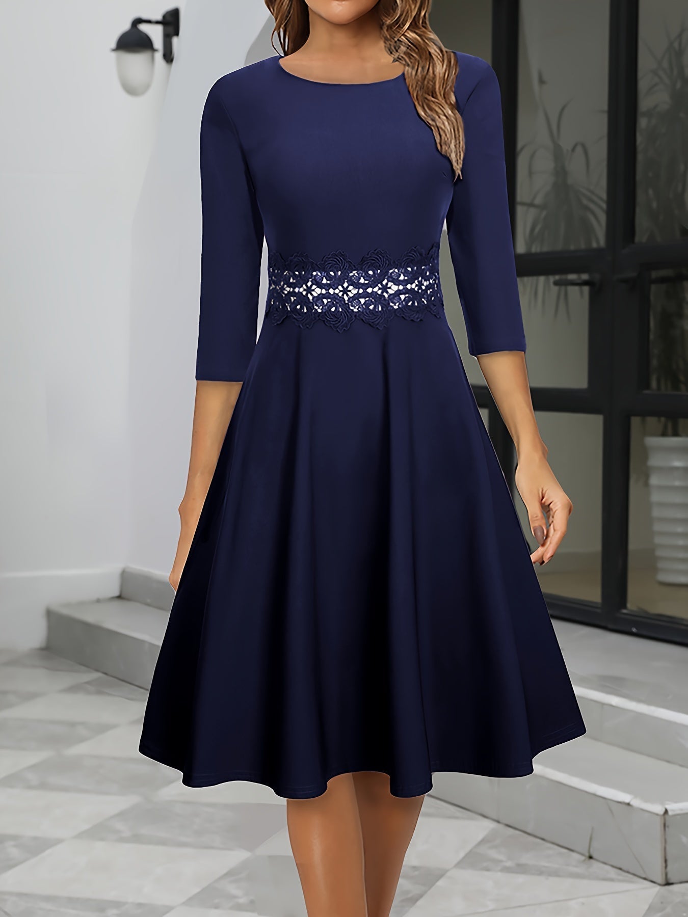 Women's Vintage A-Line 3/4 Sleeve Midi Evening Dress | Round Neck