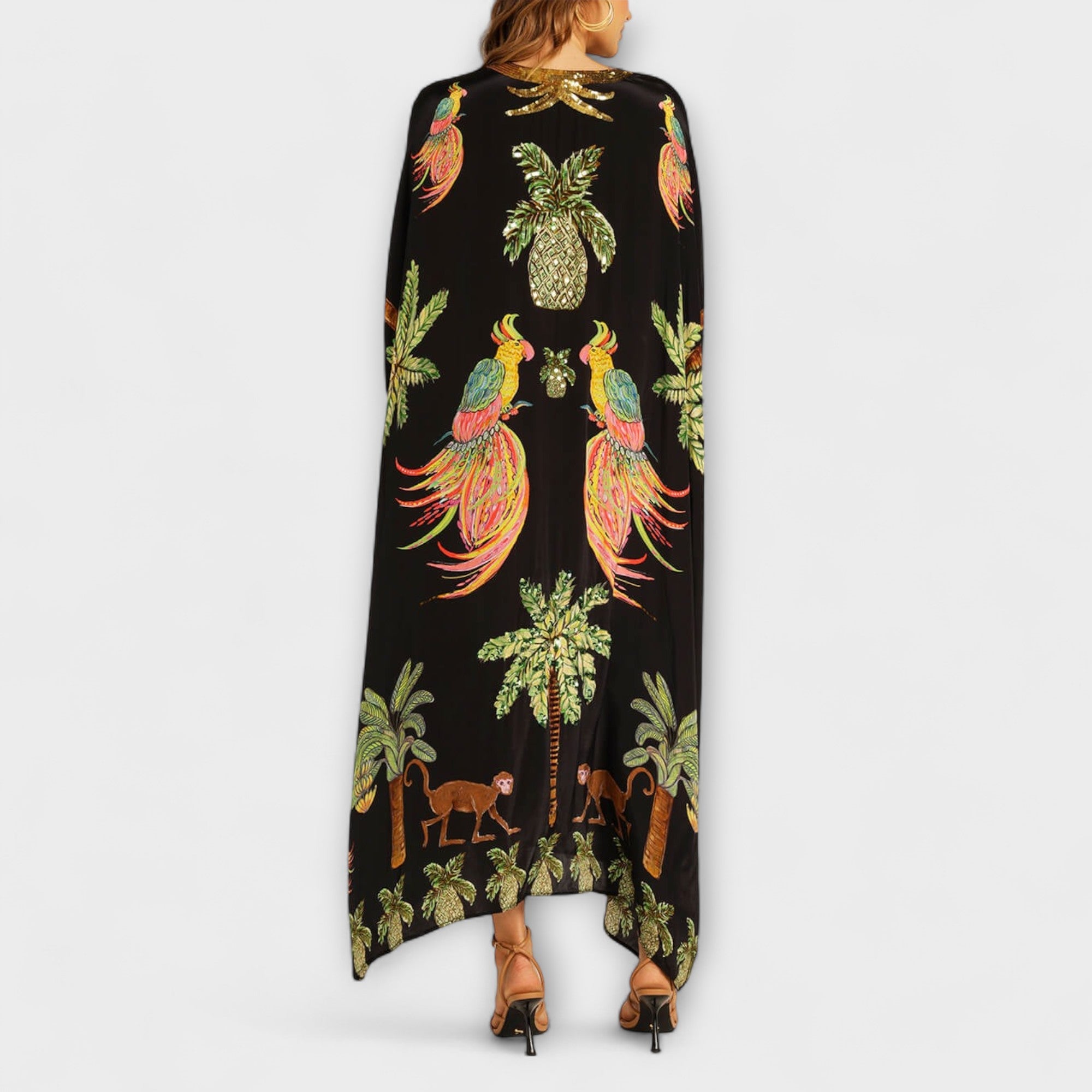 Eye-catching Dress with Asymmetrical Shoulders and Coconut Tree Print