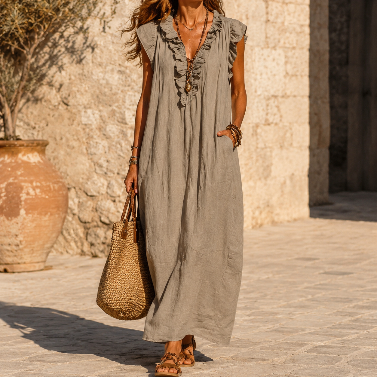 Veluna™ – Ruffle-V Linen-Look Midi Dress with Pockets