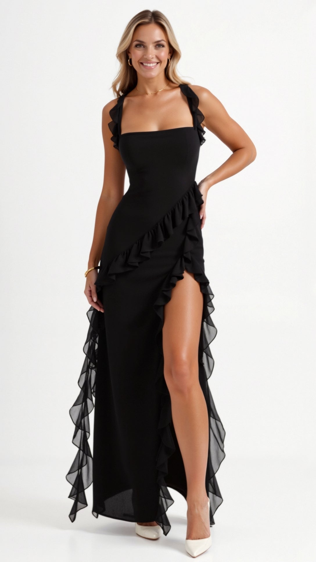 Women's Ruffle Wedding Guest Dress with High Slit | Maxi