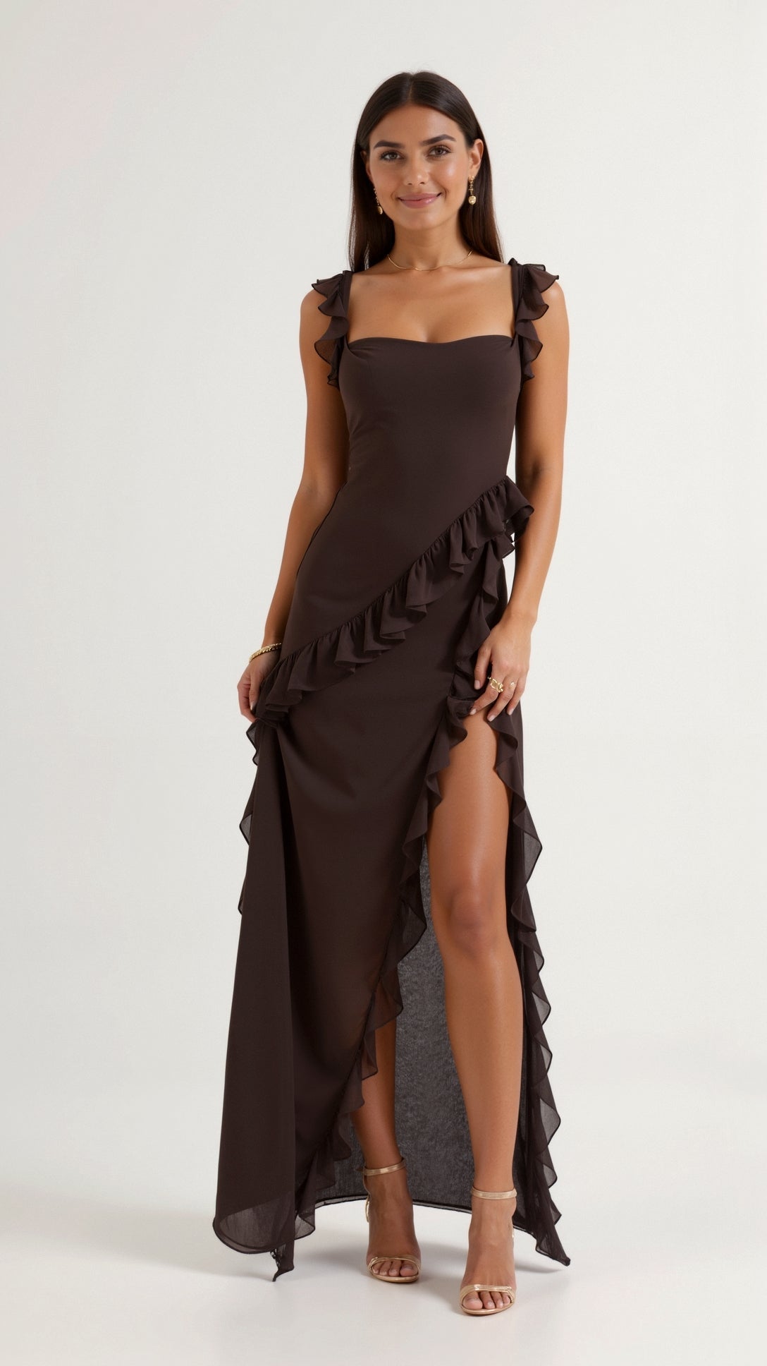 Women's Ruffle Wedding Guest Dress with High Slit | Maxi