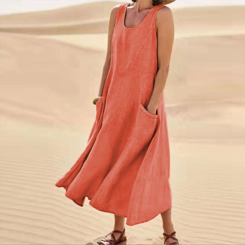 Women's Round Neck Sleeveless Summer Midi Dress | With Pockets