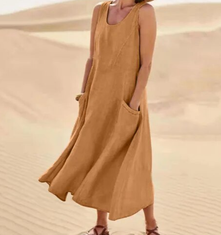 Women's Round Neck Sleeveless Summer Midi Dress | With Pockets