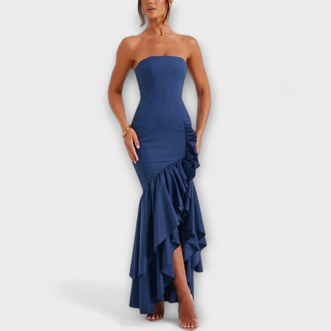 Off-Shoulder Slim Fit Maxi Dress with Asymmetrical Hem