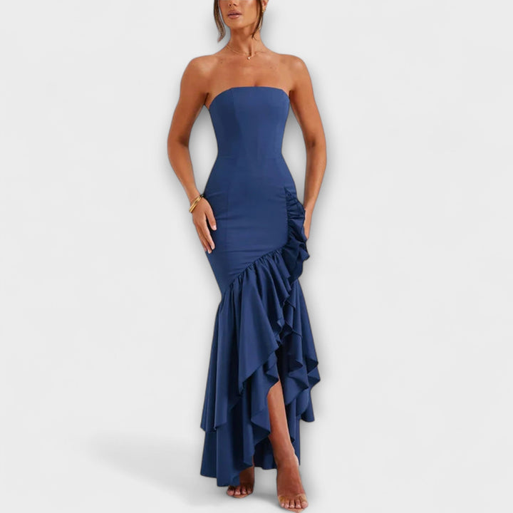Off-Shoulder Slim Fit Maxi Dress with Asymmetrical Hem
