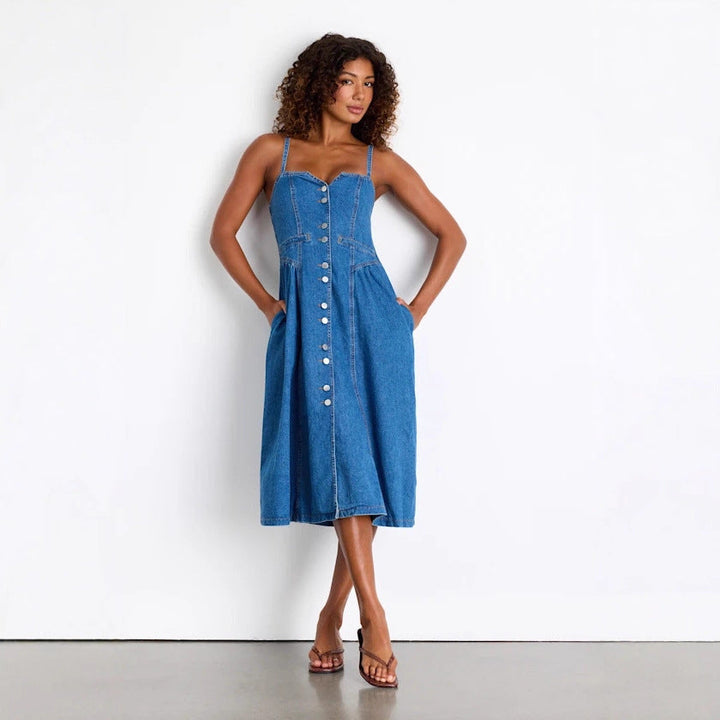 Retro V-neck cardigan denim suspender dress
