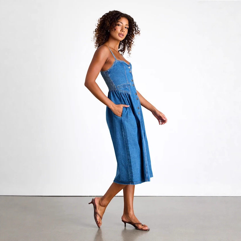 Retro V-neck cardigan denim suspender dress
