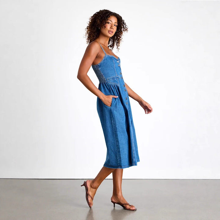 Retro V-neck cardigan denim suspender dress