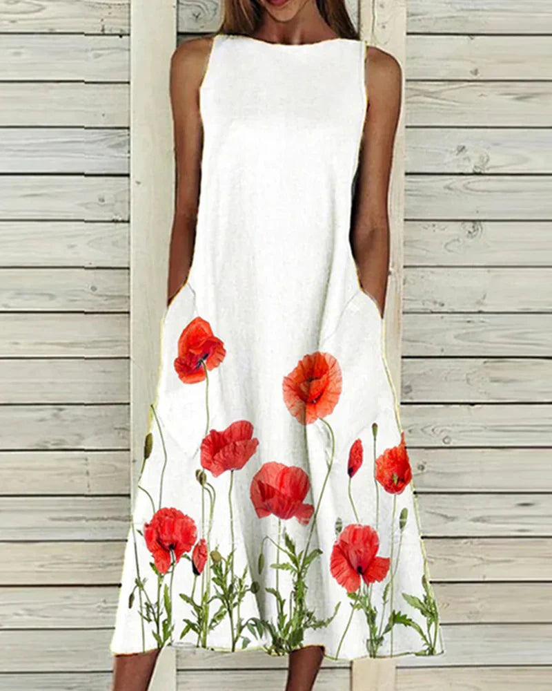 Women's Sleeveless A Line Summer Dress with Boat Neckline  | Midi