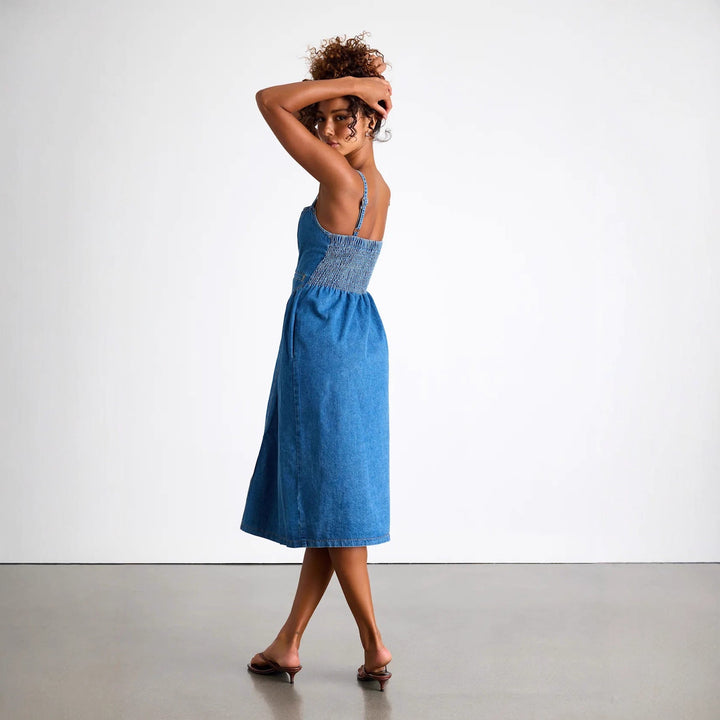 Retro V-neck cardigan denim suspender dress