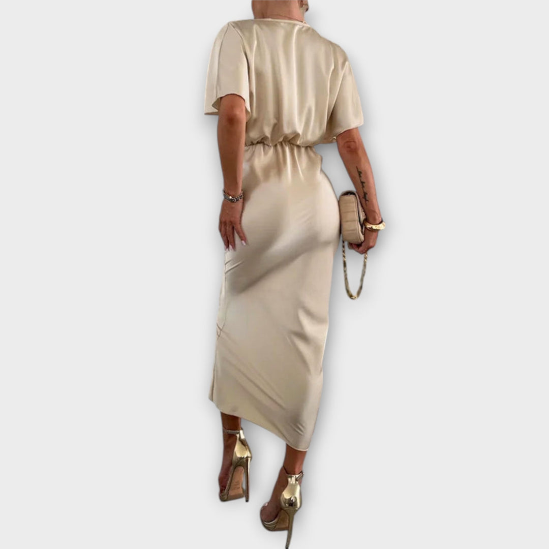 Solid Satin V-Neck Cross Knot Slim Fit Maxi Dress