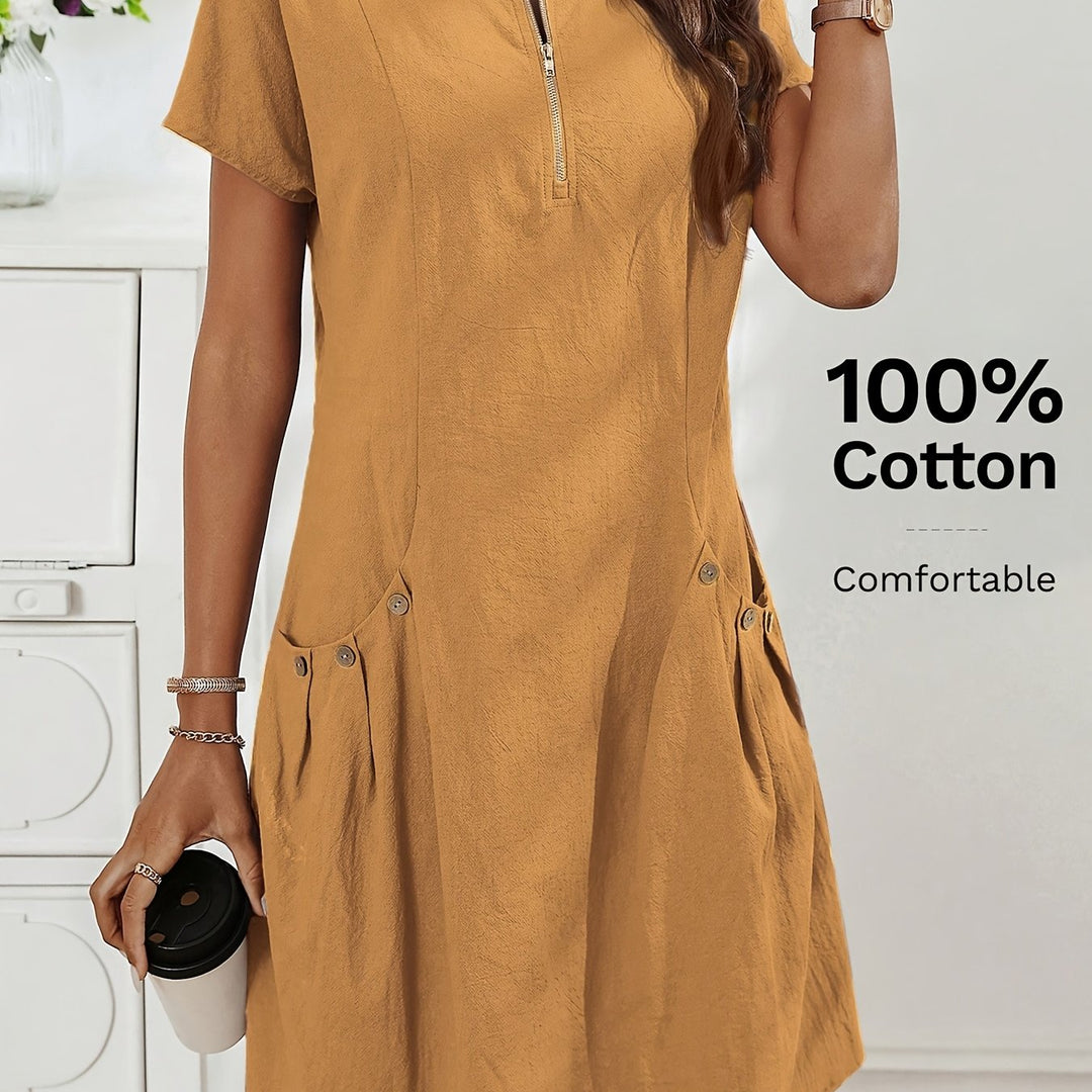 Women's Short Sleeves Zip Neck Summer Casual Dress
