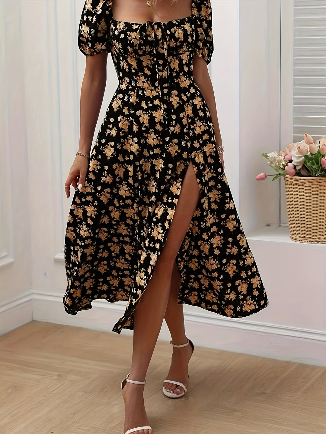Women's Square Neck Floral Printed High Slit Dress