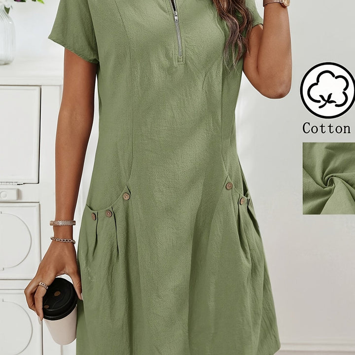 Women's Short Sleeves Zip Neck Summer Casual Dress