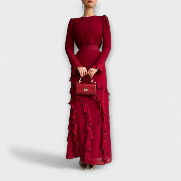 Slim Fit Long Dress with Three-Dimensional Ruffles