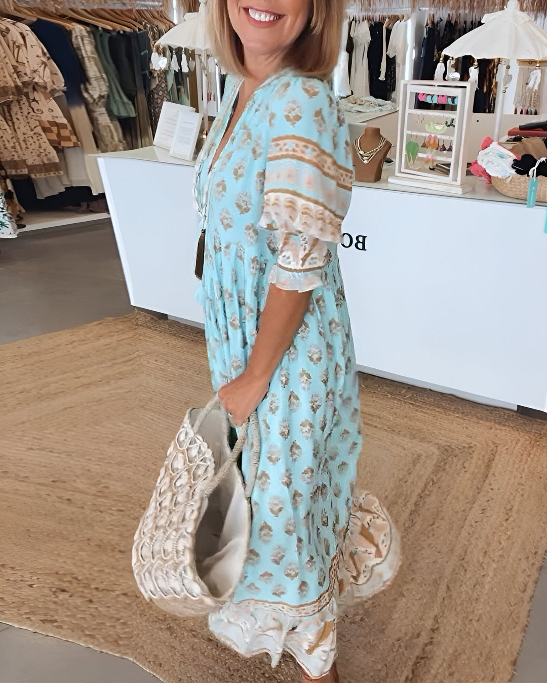 Women's V Neck 3/4 Sleeves Boho Style Dress | Maxi