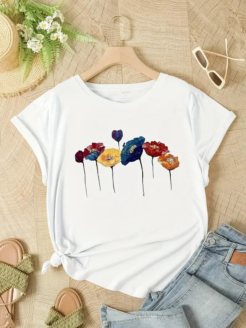 Women's White Floral Print Round Neck T-Shirt | Short Sleeve